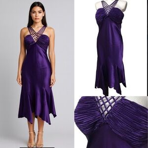 SL‎ Fashions Vintage Plum  Satin Cocktail Midi Handkerchief Hem Dress size 12